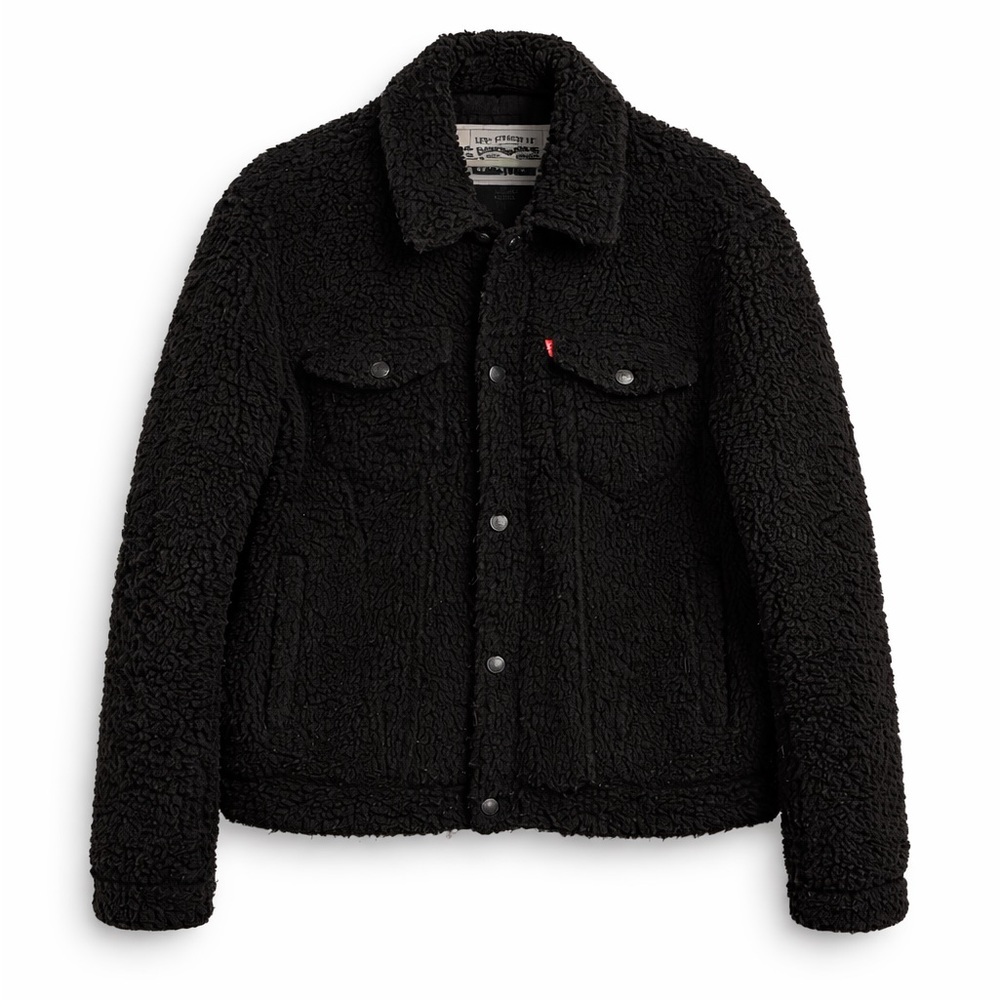 Levi’s Black Sherpa Trucker Jacket Faux Fur Lined Button Front Men’s Medium